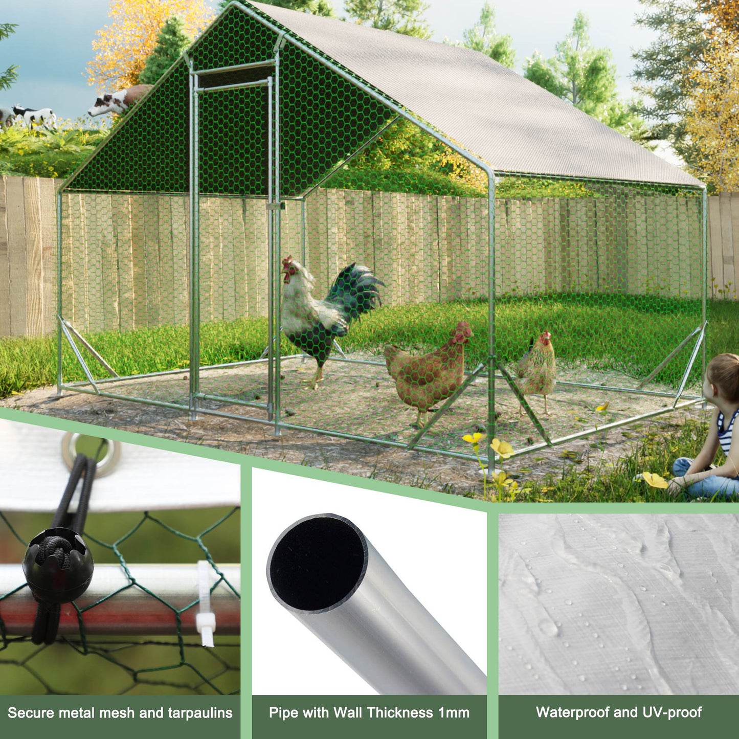 US Local Large Metal Chicken Coop, Walk-in Chicken Run, Galvanized Wire Poultry Chicken Hen Pen Cage, Rabbits Duck Cages With Waterproof And Anti-Ultraviolet Cover For Outside