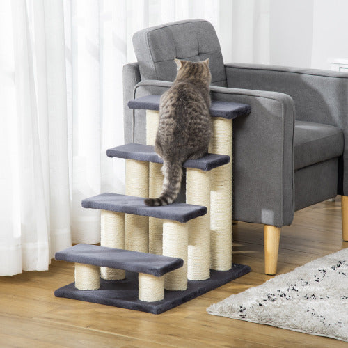 US Local PawHut Cat Tree With 4 Steps For High Beds Couch, Cute Stair Shaped Cat Tree For Indoor Cats Or Dogs W Sisal Scratching Post, Climbing, Playing, Gray