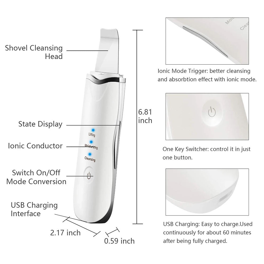 US Local 3-in-1 Ultrasonic Facial Spatula For Deep Cleansing, Electric Ultrasonic Skin Scrubber