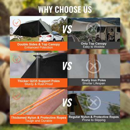 US Local VEVOR Vehicle Awning, Large Shade Coverage Car Side Awning, PU2000mm UV50  Car Awning With Extended Side Canopies And Portable Storage Bag, Suitable For Truck, SUV, Van, Campers