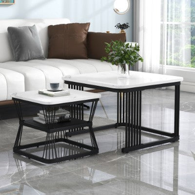 UK Local Set Of 2 Tables Square Coffee Table Coffee Table Set Nesting Sofa Table Multi-functional End Side Table Nesting Tables With Black Metal Frame Legs And Marble Pattern White Top For Living Room Home