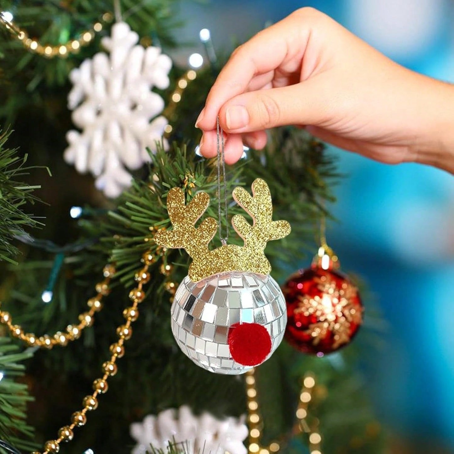 US Local 5 Pcs Disco Mirror Christmas Ball Pendants With Elk Antlers Cute Disco Ball Accessories Car Disco Mirrors Deer Antler Ornament Halloween Props For Xmas Trees Garlands Music Festival Birthday Party Dec