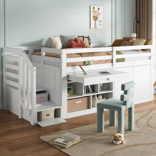 UK Local Multifunctional Wooden Children's Bed With Stairs And Storage Space, Stairs  Cabinets Interchangeable On The Left And Right, Drawers Reversible And Usable As A Desk, Without Mattress, 90x190, White