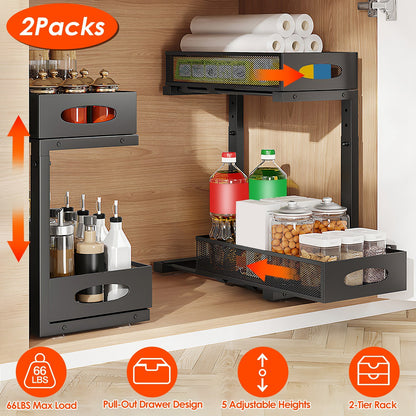 US Local 2Pcs Under Sink Organizer 2 Tier Pull Out Cabinet Baskets Storage Shelf Sliding Storage Drawers Rack With 5 Adjustable Height Mesh Baskets For Home Kitchen Bathroom Office