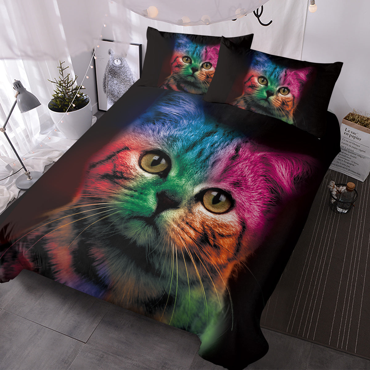 US & UK Local Cat Bedding For Kids Girls Boys Cute Colorful Cat Pattern Quilt Cover Bedspread 3 Piece Bold Color Black Animal Duvet Cover Set For Single Bed