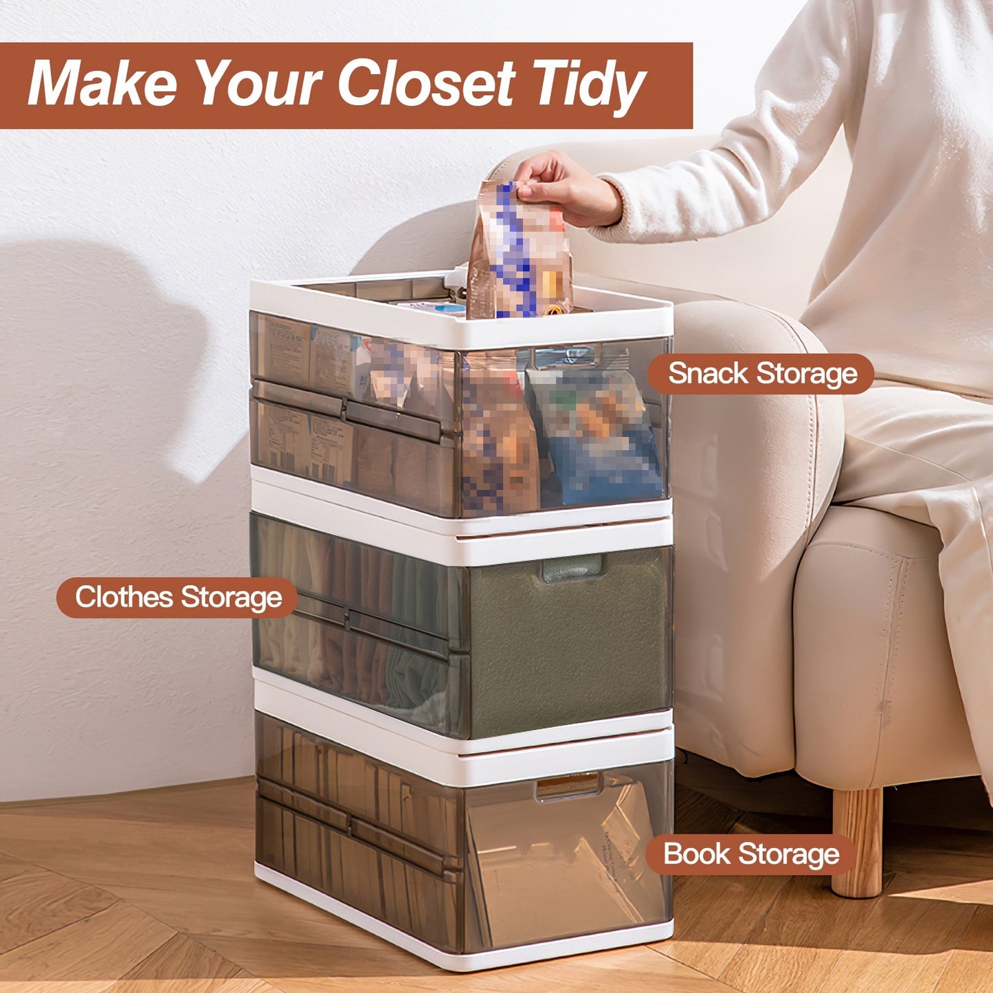 US Local 3 Pack Foldable Storage Bin With Lid Stackable Plastic Closet Organizer With Handle Divider Collapsible Drawer Organizer For Toys Clothes