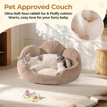 MEWOOFUN Round Cat Bed For Indoor Cats - Cozy Washable Fluffy Pet Couch With Anti-Slip Bottom, Small Dog & Puppy Bed For Kittens 23, Khaki