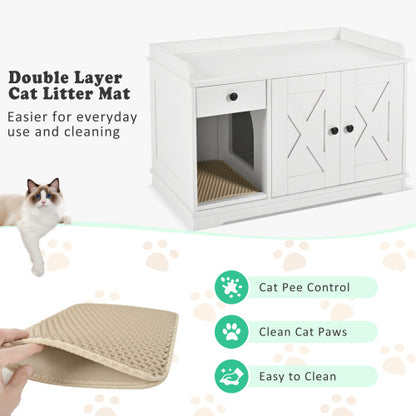 US Local GO Cat Litter Box Enclosure, Litter Box Furniture Hidden With Cat Litter Mat, Indoor Cat House With Storage Drawer Side Table, Farmhouse Style Cat Box Cabinet For Living Room, White