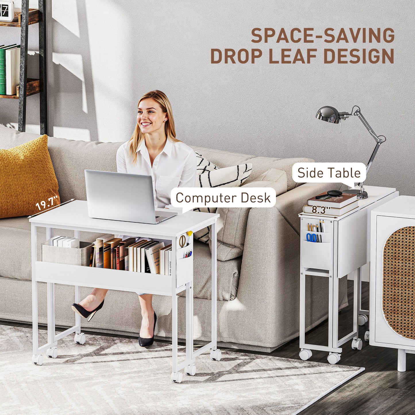 US Local Folding Computer Desk, Foldable Desk With Storage Bag, Shelf And Wheels For Small Spaces, Home Office, White