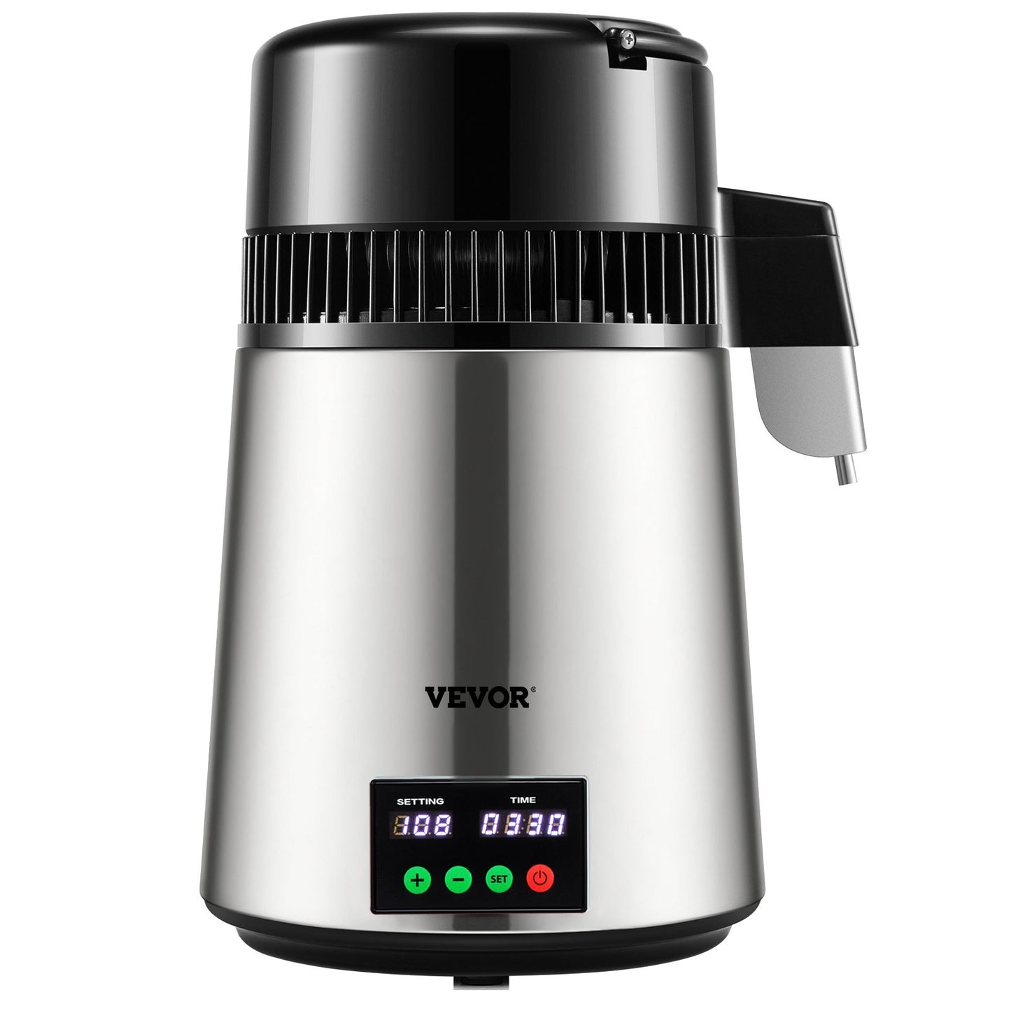 US Local 1.1 Gal Water Distiller, 0.3 Gal H, 750W Distilled Water Maker Machine 0-99H Timing Set Temp Display, 304 Stainless Steel Countertop Distiller Glass Carafe Cleaning Powder 3 Carbon Packs, Silver