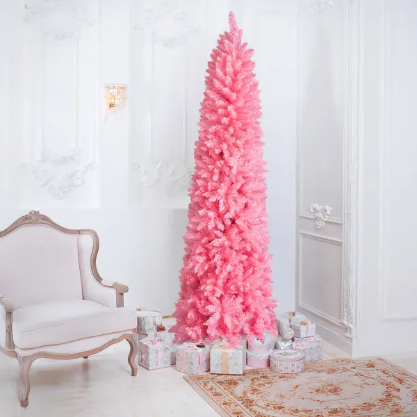 US Local 7.5 FT Hinged Christmas Tree, Artificial Pencil Christmas Tree, Unlit Artificial Christmas Pine Tree With 1075 Branch Tips And Sturdy Stand, Pink