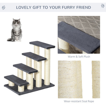 US Local PawHut Cat Tree With 4 Steps For High Beds Couch, Cute Stair Shaped Cat Tree For Indoor Cats Or Dogs W Sisal Scratching Post, Climbing, Playing, Gray