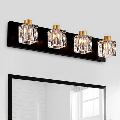 US Local 4-Light Matte Black Gold Bathroom Light Fixtures, Modern Vanity Lights With Crystal Glass Shade, Vintage Light Fixture Bathroom Over Mirror Wall Lights For Kitchen Dinning Room Bedroom Hallway