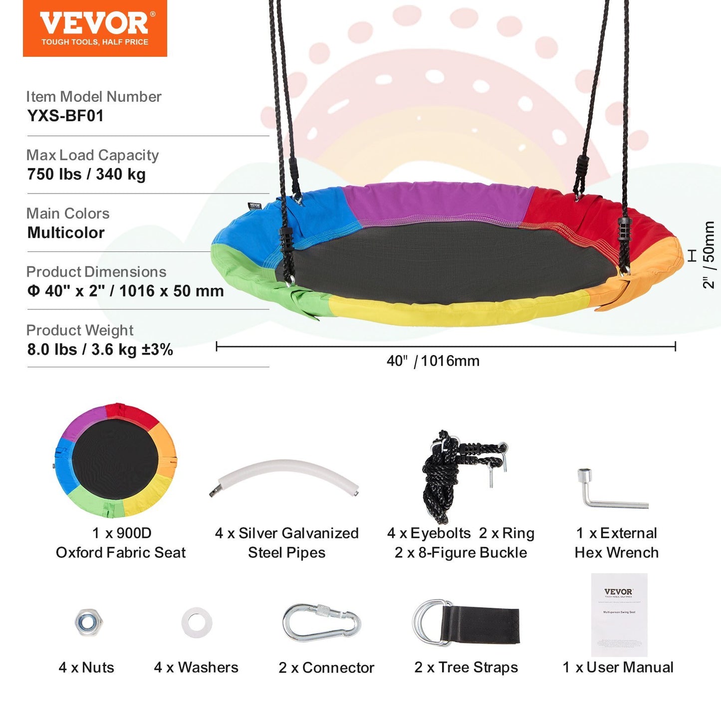 US Local VEVOR Tree Swing 40In Saucer Swing 750lbs Weight Capacity 900D Oxford Multicolor