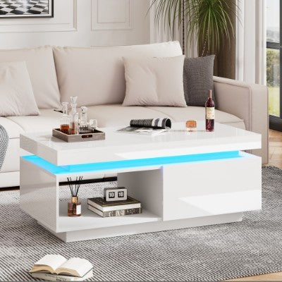 UK Local High Glossy LED Coffee Table With Drawer Storage, Wooden Centre Table With RGB Led Lights Rectangle Tea Table For Living Room Furniture, White Coffee Table With Open Display Shelf