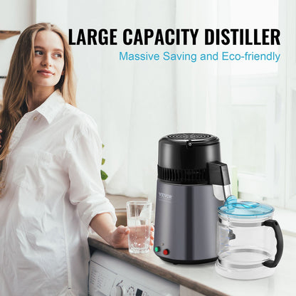 US Local Water Distiller, 4L 1.05 Gallon Pure Water Purifier Filter For Home Countertop, 750W Distilled Water Maker, Stainless Steel Interior Distiller Water Making Machine To Make Clean Water, Gray