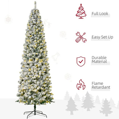 US Local 9ft Pre-Lit Snow-Flocked Slim Douglas Fir Artificial Christmas Tree With Realistic Branches, 550 LED Lights And 988 Tips