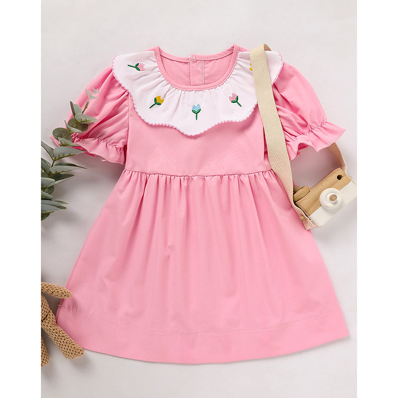 US Local Toddler Baby Girl Spring Tulip Smocked Short Sleeve Dress With Lovely Tulip Embroidery Princess Dresses