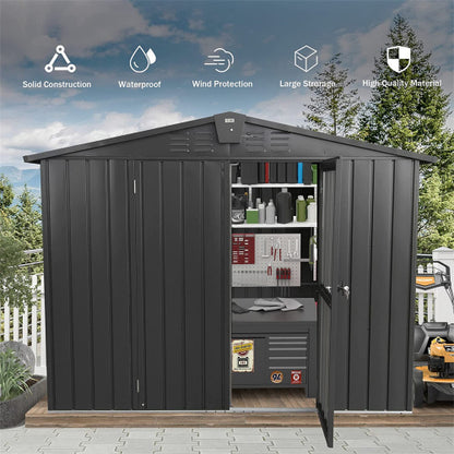 US Local Outdoor Storage Shed 8.2'x 6.2', Metal Garden Shed For Bike, Trash Can, Galvanized Steel Outdoor Storage Cabinet With Lockable Door For Backyard, Patio, Lawn 8.2x6.2ft, Dark Gray