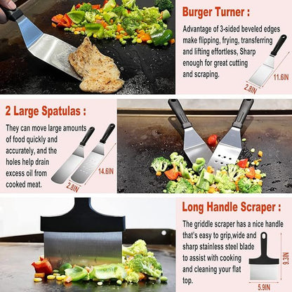 37PC Flat Top Grill Accessories Set - Must Have For Your Outdoor With Professional Griddle Spatula, Cleaning Kit, Grill Basting Cover - Ideal Griddle Gift For Men Women