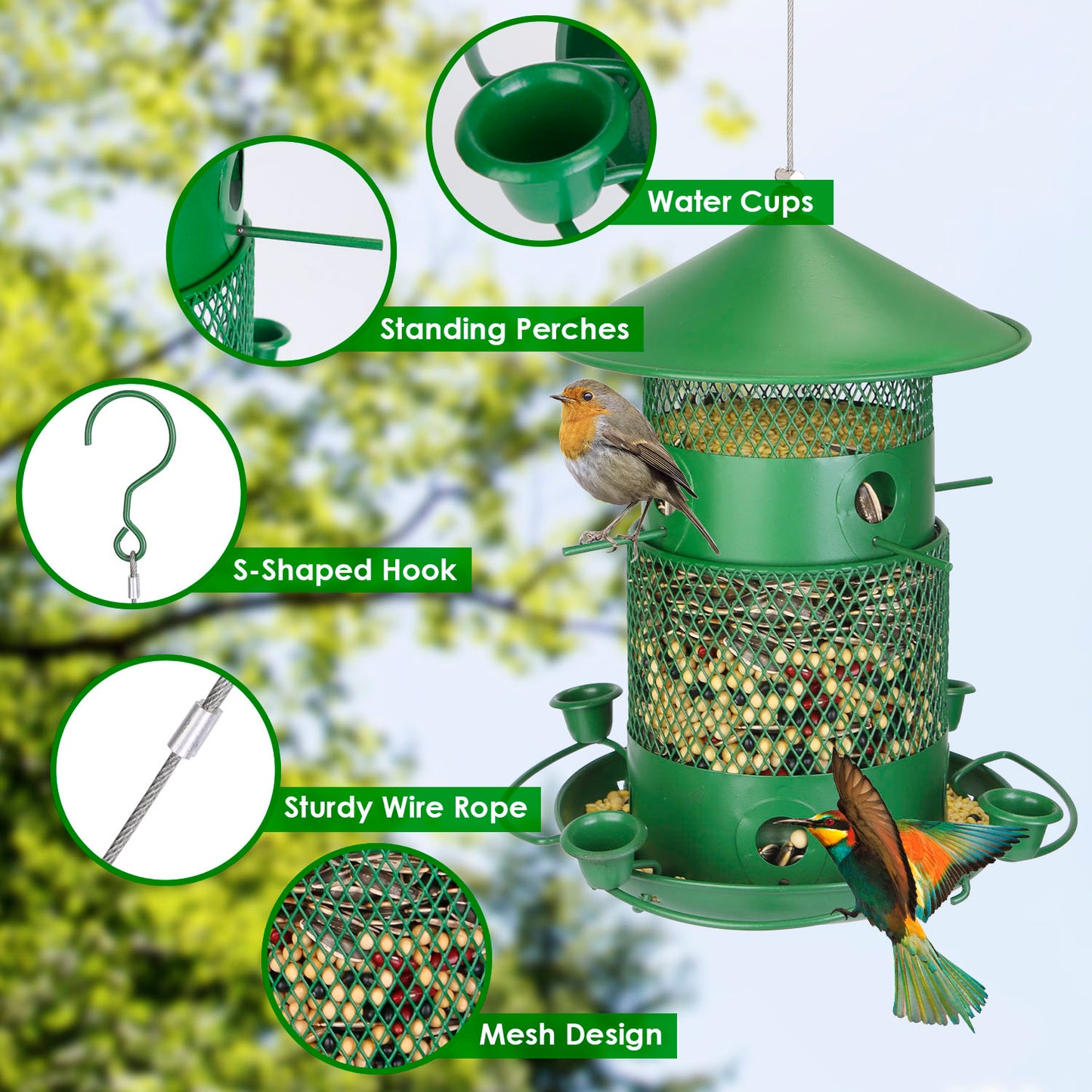 US Local 1Pc Wild Bird Feeder Squirrel-Proof Chew-Proof Metal Bird Seed Feeder Outdoor Hanging Bird Feeder With 360 Degree Circular Perches Water Cups For Yard Garden Patio