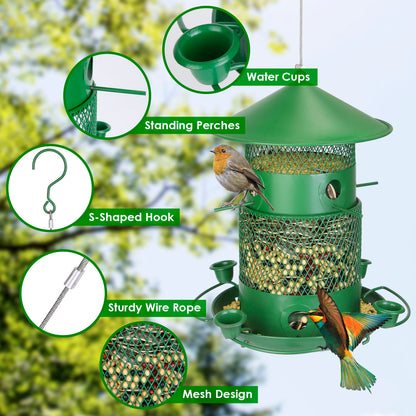US Local 1Pc Wild Bird Feeder Squirrel-Proof Chew-Proof Metal Bird Seed Feeder Outdoor Hanging Bird Feeder With 360 Degree Circular Perches Water Cups For Yard Garden Patio