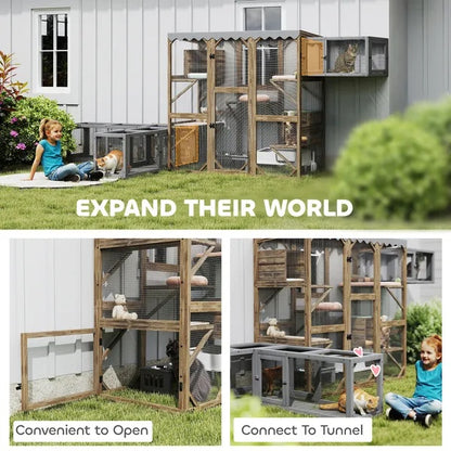 US Local Outdoor Cat Enclosure With Window Access, 5 Platforms And 2 Resting Boxes, Waterproof Roof For Multiple Cats