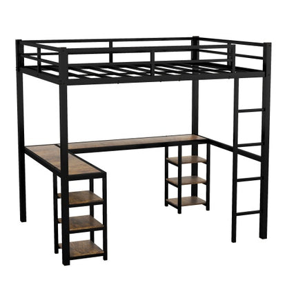 US Local Full XL Metal Loft Bed With Desk And Shelves, Loft Bed With Ladder And Guardrails, Loft Bed Frame For Bedroom, Black