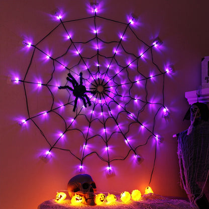 US Local 3.28FT Spider Web Light With Hairy Spider 70LED Battery Powered Remote Control 8 Lighting Modes Glowing Outdoor Indoor Wall Halloween Decoration