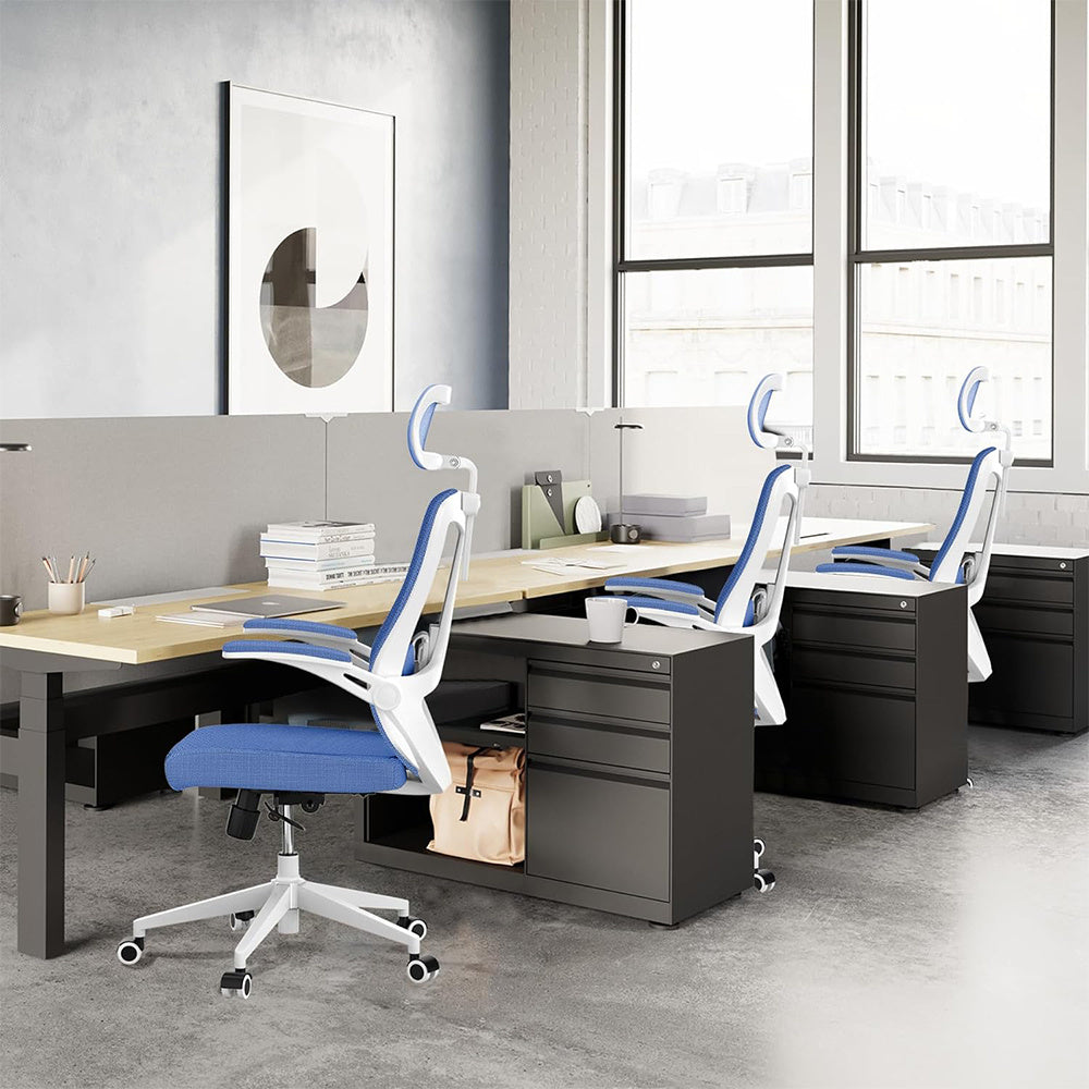 US Local Ergonomic Office Chair, High Back Computer Desk Chair Comfortable Lumbar Support - Home Office Swivel Mesh Chair With Adjustable Headrest And Backrest, Flip Armrests,PU Mute Roller, Blue