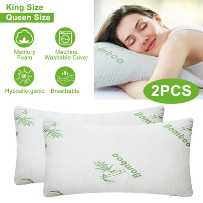 US Local 2Pcs Or 1Pcs Bamboo Memory Foam Pillow Hypoallergenic Bed Pillow For Head Neck Rest Sleeping Shredded Pillow Washable Cover Queen Size Pillow