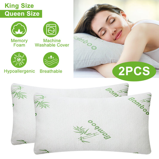 US Local 2Pcs Or 1Pcs Bamboo Memory Foam Pillow Hypoallergenic Bed Pillow For Head Neck Rest Sleeping Shredded Pillow Washable Cover Queen Size Pillow