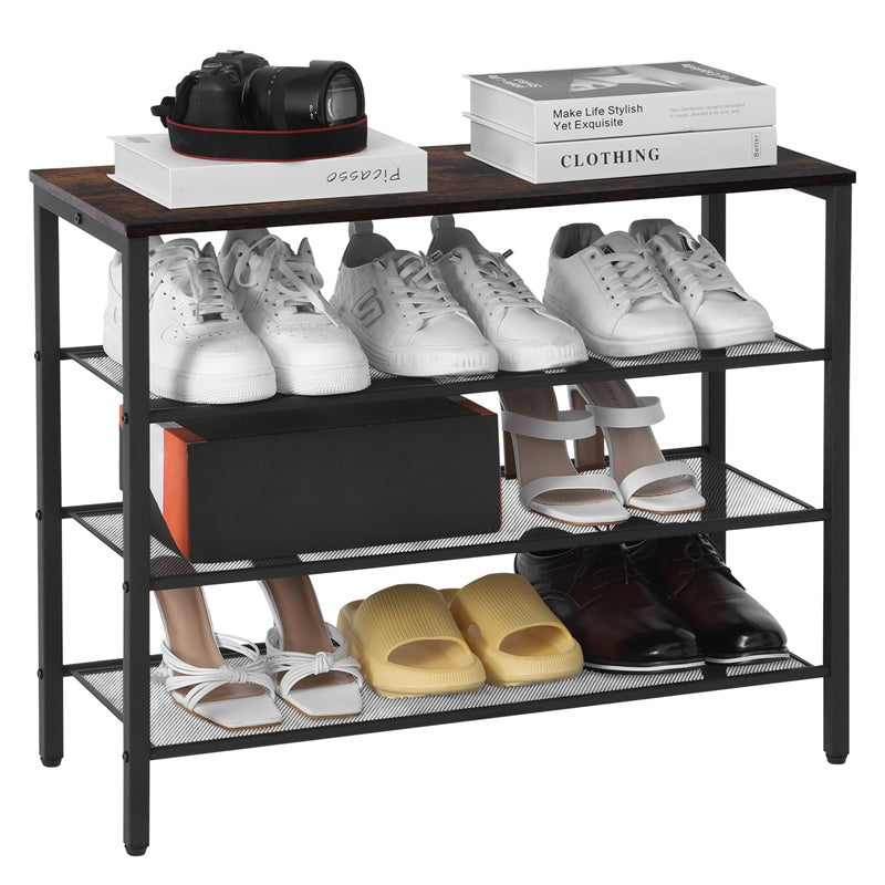US Local 3-tier Shoe Rack With Grid Rack Wooden Rustic Foyer Shoe Rack With Coat Hook, Suitable For The Steel Frame Of The Living Room Mud Room At The Front Door Of The Corridor
