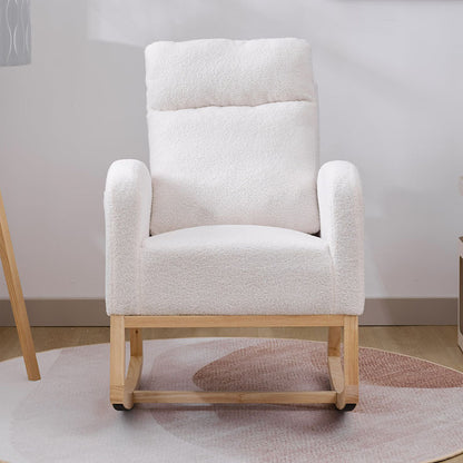 US Local Modern Accent Rocking Chair Rocking Chair With Solid Wood Legs, Upholstered Nursery Glider Rocker, Comfy Armchair With Side Pocket, Living Room Lounge Arm Chair With High Backrest