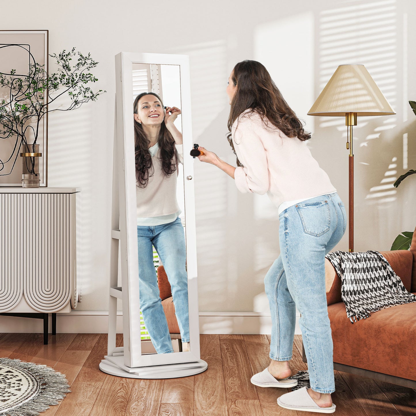 US Local Jewelry Armoire, Lockable Jewelry Cabinet With Full-Length Mirror, Storage Shelves, White