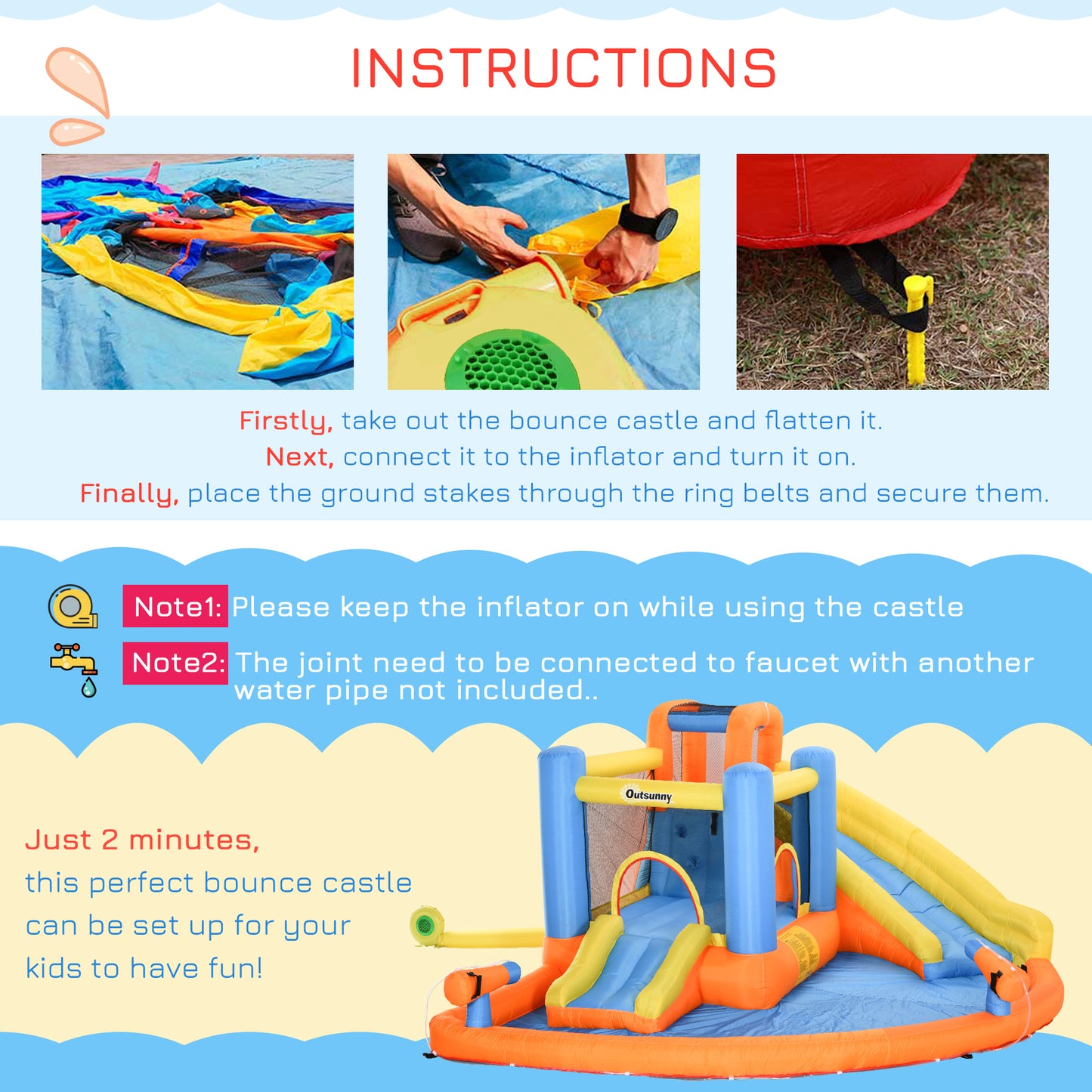 US Local Kids Inflatable Water Slide 5-in-1 Bounce House Water Park Jumping Castle With Water Pool, Slide, Climbing Walls & 450W Air Blower
