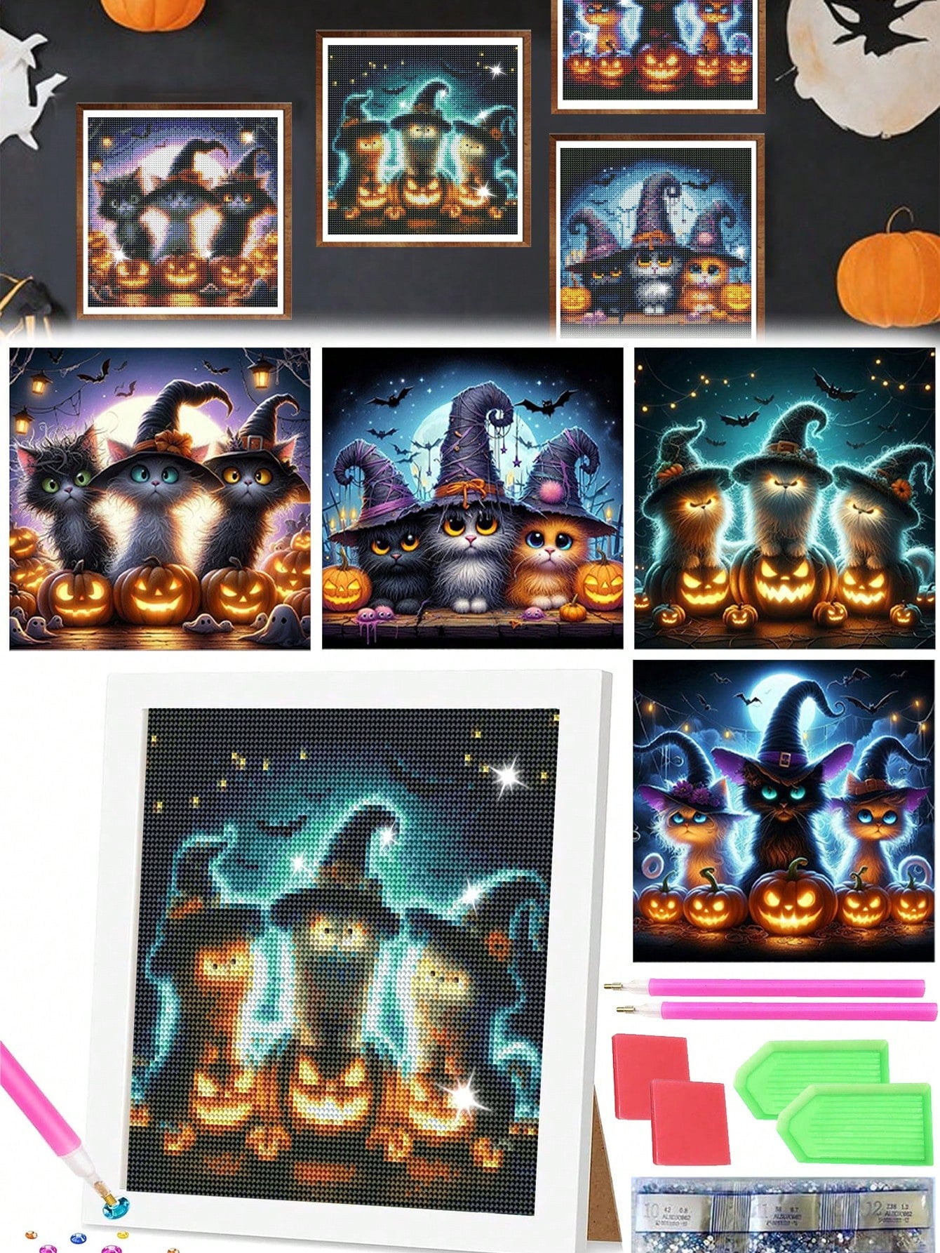 US Local 4-Piece Black Cat Diamond Painting Set, Suitable For Adult Beginners, 12x12 Inch Full Drill DIY Cute Cat Gem Art Painting, Gem Dot Craft - Ideal For Home Wall Decor