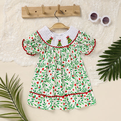 US Local Toddler Infant Baby Girls Christmas Dress Short Sleeve Christmas Tree Embroidered Plaid Casual Party Dresses