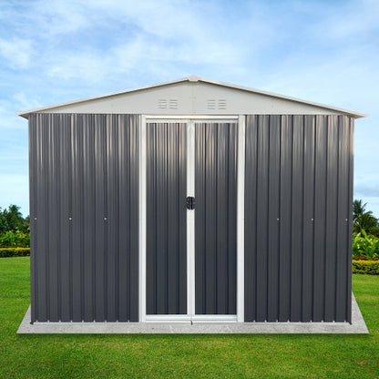 US Local Metal Anti-Corrosion Utility Tool House With Lockable Door, Garden Shed 10FTx8FT Apex Roof Grey With Windows And Aluminum Alloy Frame