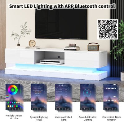 UK Local 160 Cm TV Stand With16 Colour RGB LED Lights, High Gloss Front TV Cabinet With 2 Drawers And 1 Open Storage Space, TV Unit For 70-79 Inch TV For Living Room, White