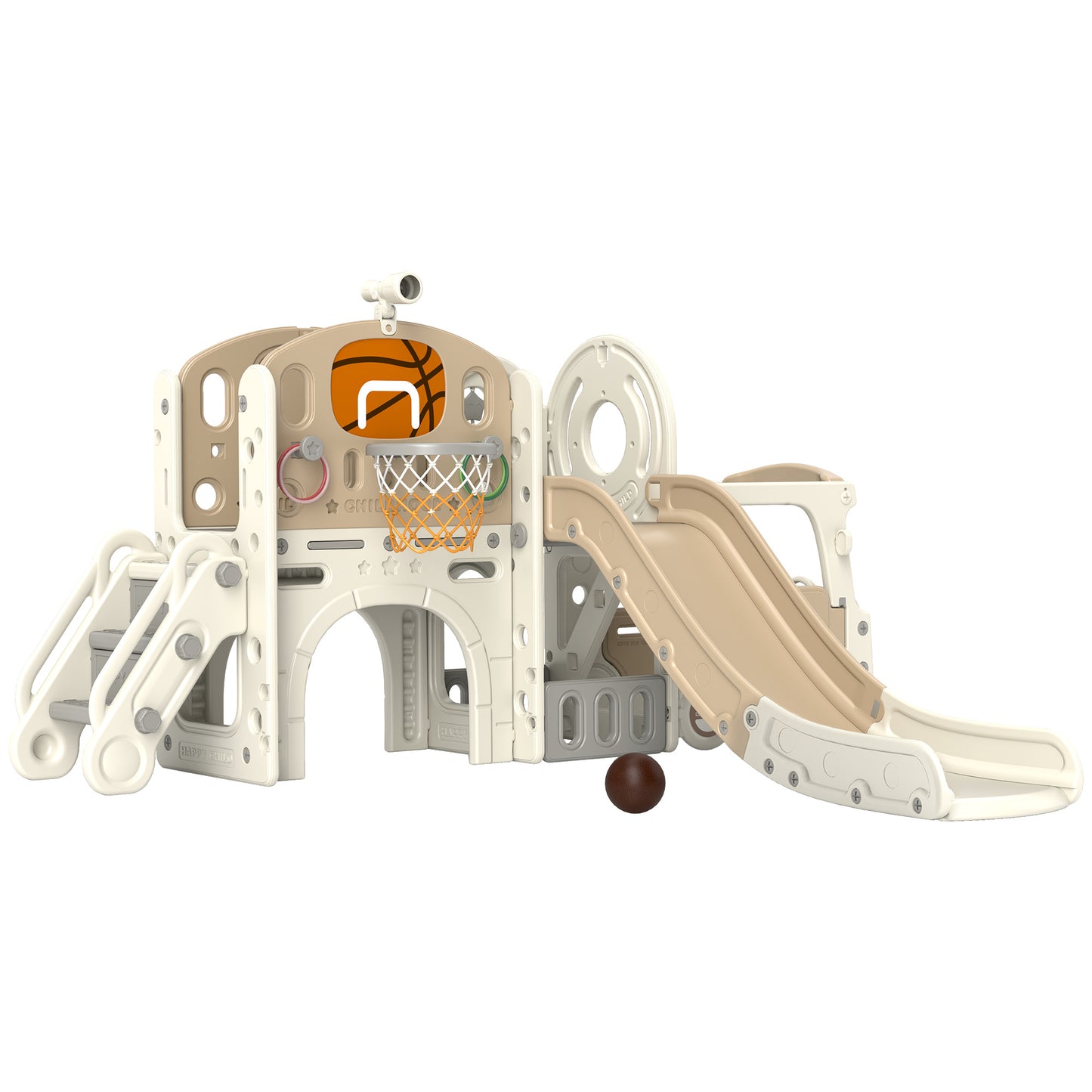 US Local 9 In 1 Toddler Slide For Kids Ages 1-6 With Bus Front, Basketball Hoop, Climber, Storage Space, Ring Toss, Cream White