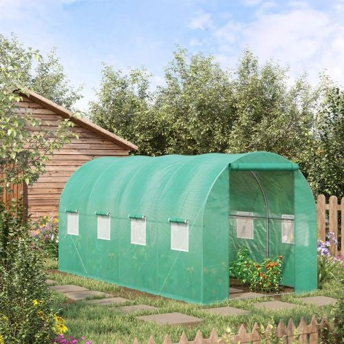 US Local Outsunny 15x 7x 6.5 Walk-in Tunnel Hoop Greenhouse, Green House With Polyethylene PE Cover, Steel Frame, Roll-Up Zipper Door & Windows For Flowers, Vegetables, Tropical Plants, Green