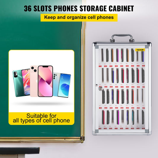 US Local VEVOR 36 Slots Cell Phone Cabinet Silver Aluminum Alloy Pocket Chart Storage Locker Box W Portable Handle, Key Lock & Handwritten Tags, Wall Mounted For Classroom, Office, Gym