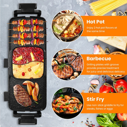 US Local 2 In 1 Electric Hot Pot With Grill 2800W Smokeless Non-Stick Korean BBQ Grill Shabu Shabu Hot Pot Combo With Independent Temperature Control 5 Gears Firepower For 3-10 People