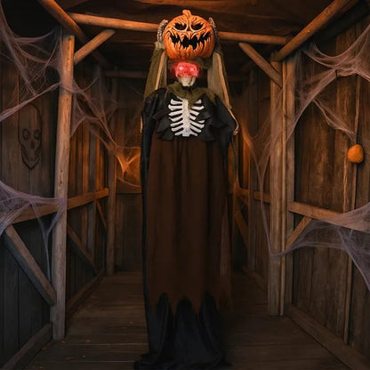 US Local 5.6ft Halloween Decorations Outdoor Life Size Animatronics Ghost With Pumpkin Head, Sound-Actived Party Decor With Creepy Sound , Scary Haunted House Props For Garden Yard Lawn