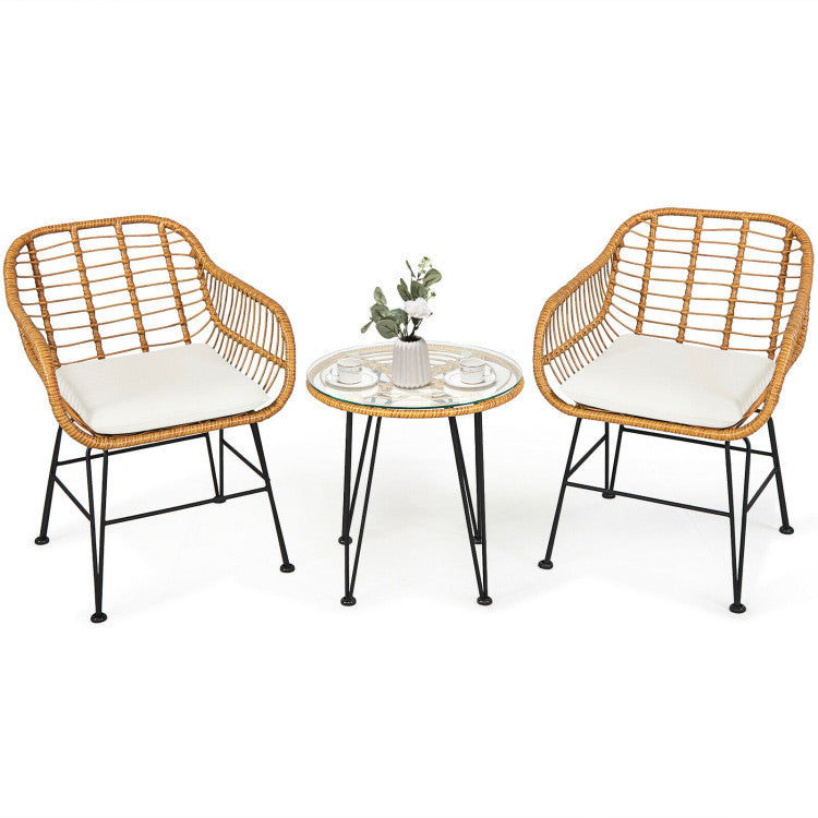 US Local 3 Pieces Rattan Furniture Set With Cushioned Chair Table
