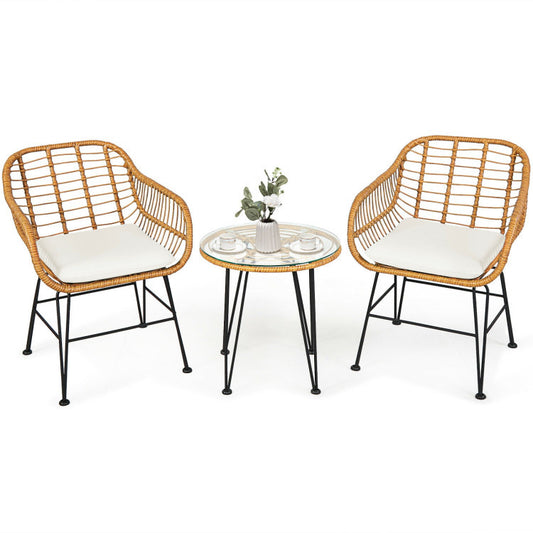 US Local 3 Pieces Rattan Furniture Set With Cushioned Chair Table