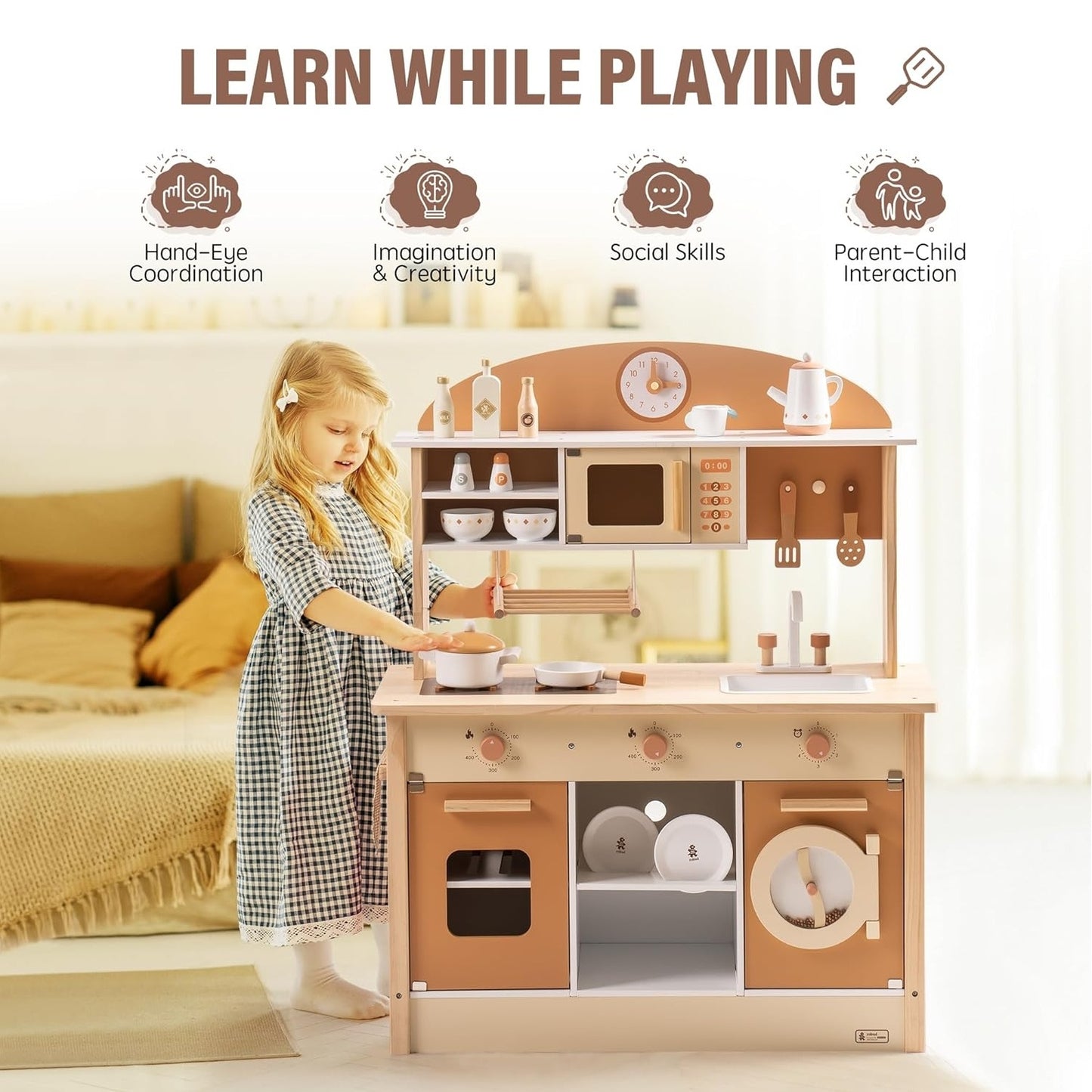 US Local Robud New Large Kids Toddlers Kitchen Playset Wooden Play Toy With Accessories