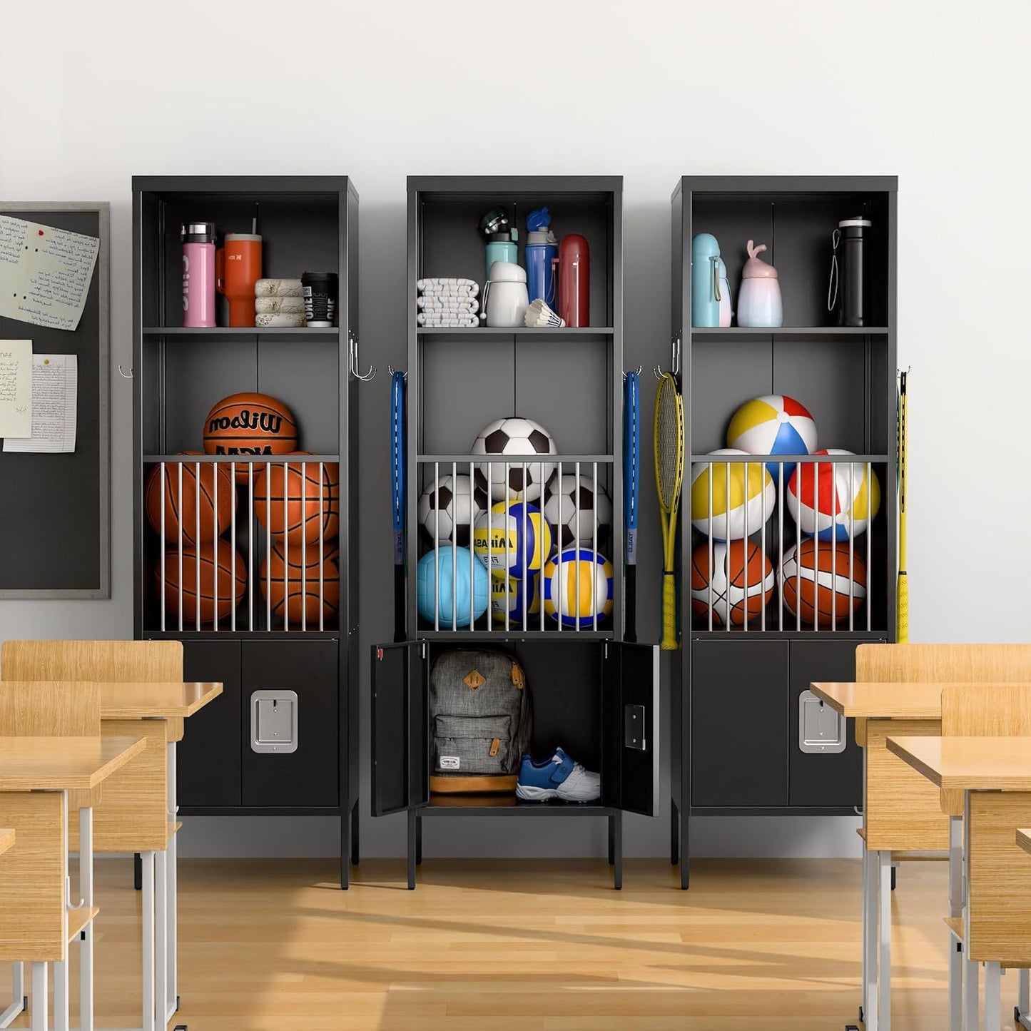 US Local Metal Sports Fence Locker Is Suitable For School,Storage Locker With Hooks & Lock Door,Storage Sports Equipment For Gym, Ball Park,Stadium,Garage,Assembly Required,Black