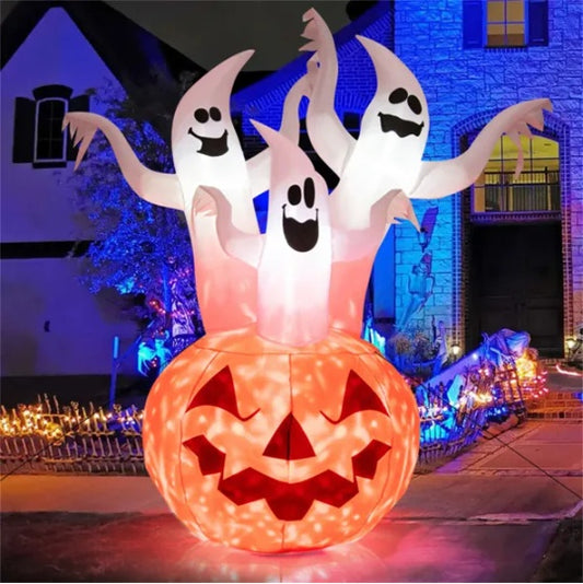 6ft Halloween Inflatable Ghost & Pumpkin Decoration - Colorful Rotating Flame Light, 190T Waterproof Polyester For Yard Outdoor